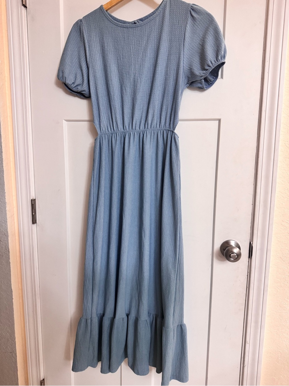 Summer side opening  Light Blue Puff-Sleeve Maxi Dress